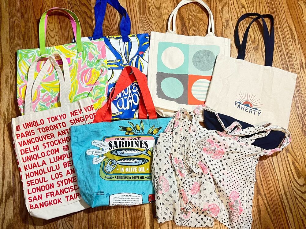 Lot of 9 Canvas Tote Bags EUC NEW Pulitzer Trader Joe's Faherty Uniqlo Free Ppl